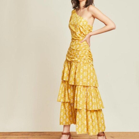 Veronica Beard Yellow Multi Virginia One Shoulder Maxi Dress Sz 0 00 - Picture 3 of 9